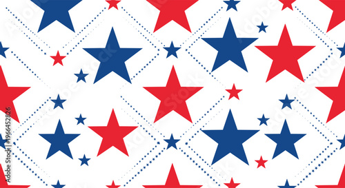 Patriotic seamless pattern showcasing red and blue stars of different sizes arranged in a geometric grid on a white background.