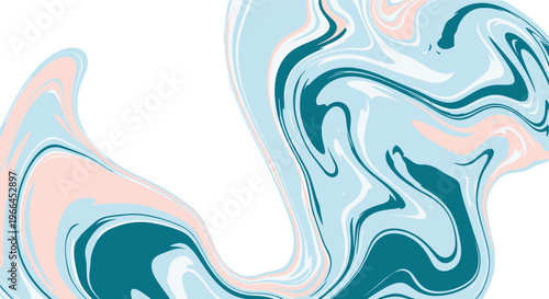 Fluid abstract background featuring elegant swirled marble textures in teal, pink, and light blue colors on a clean white surface.