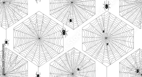 Spooky monochrome seamless pattern featuring black spiders and intricate hexagonal webs for Halloween backgrounds or textures.