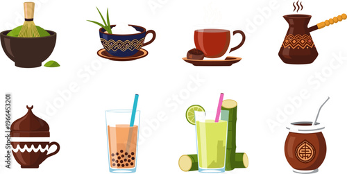Traditional and Modern Beverage Collection Featuring Tea, Coffee, Bubble Milk Tea, Sugarcane Juice and Herbal Drinks Vector Illustration Set
