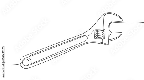 Adjustable wrench illustration, a single-line drawing of a tool on a white background, symbolizing repair and DIY projects