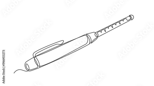 Continuous line drawing of a pen with a clip, symbolizing writing and creativity, isolated on a white background