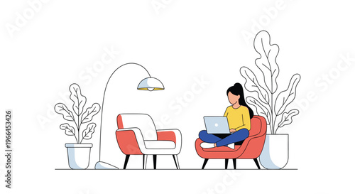 Young woman sitting cross-legged in a cozy red armchair working on her laptop at home with plants and a floor lamp in the background.