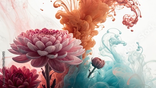 Pink chrysanthemum flower with colorful ink splash background, artistic floral composition for beauty branding, wallpapers, posters, cosmetic ads, creative design