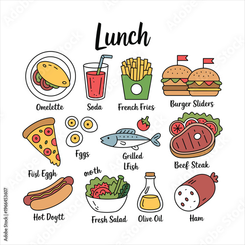 Lunch Menu Food Icons Set with Burger Fries Steak Salad and Drinks Illustration