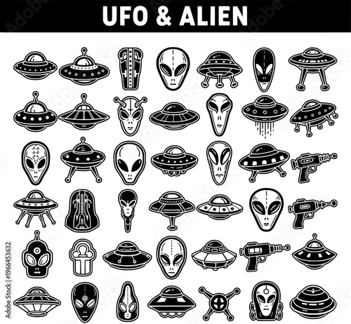 UFO  Alien Vector Icons Set: Black and White Extraterrestrial Heads, Flying Saucers, Spaceships  Ray Guns Illustrations for Sci-Fi Design