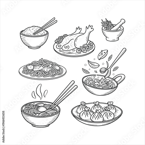 Hand Drawn Asian Food Set with Noodles, Dumplings and Chicken Outline Illustration