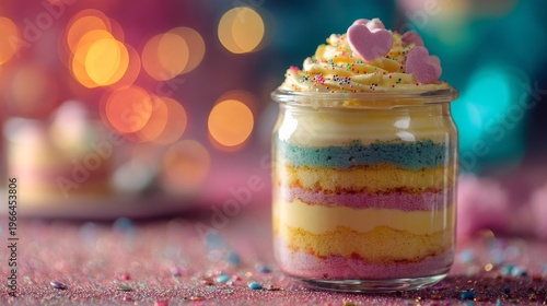 Rainbow Layer Cake Jar Dessert with Heart Sprinkles Bokeh Lights.