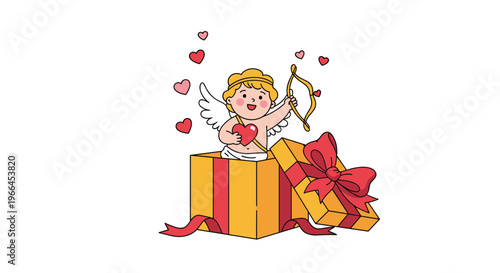 Adorable cupid angel popping out of a yellow gift box with a red bow holding a heart-tipped bow and surrounded by floating hearts.