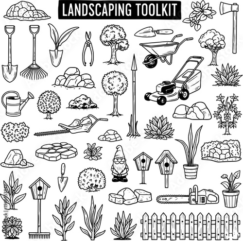 Hand-drawn Landscaping Toolkit Icons Set: Garden Tools, Plants, Rocks, and Decorative Elements Doodle Collection