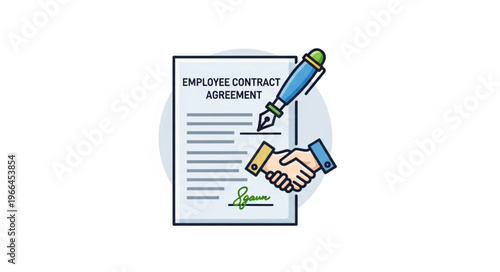 Employee Contract Agreement with Handshake and Pen Illustration.