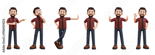 3D render of a cartoon man in six different poses showing approval. thinking. and pointing A play