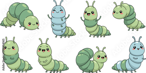 Cute caterpillar cartoon character set colorful smiling worms collection adorable insect illustrations for kids design vector clipart