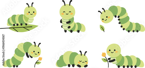 Cute Caterpillar Character Set with Different Poses and Expressions, Adorable Insect Collection for Kids Design, Nature Theme Vector Illustration Pack
