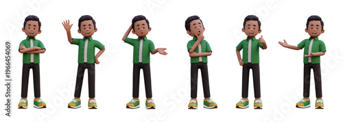 Cartoon man in green shirt and black pants. posing with diverse gestures. 3D render on wh