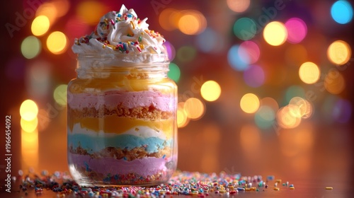 Rainbow Layered Dessert Jar with Whipped Cream and Sprinkles with Festive Bokeh.