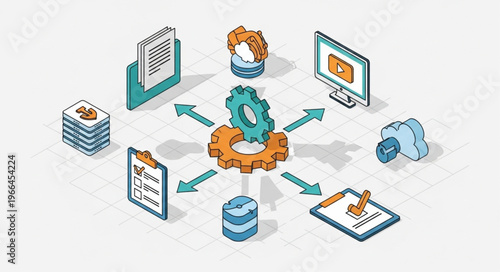 Bild auf Leinwand Data Integration and Processing - Centralized System with Connected Devices and Documents