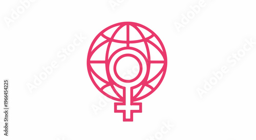 Pink feminist symbol on a white background, featuring a stylized globe with a female sign, conveying a sense of female empowerment and global unity.