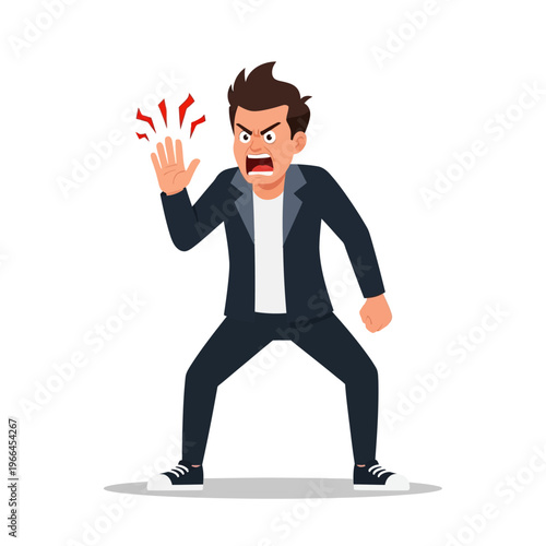 Angry businessman yelling and raising hand, frustration, rage, conflict, stress, emotion, work problems