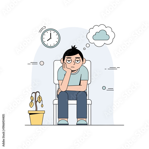 Boredom and waiting: Young man sitting on chair, thinking of clouds, wilting plant and clock