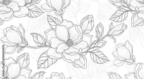 Beautiful seamless pattern of detailed black and white magnolia flower sketches with leaves on a white background.