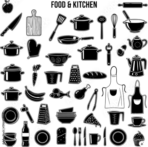 Food  Kitchen Utensils and Ingredients Icon Set - Black and White Silhouette Collection for Cooking and Meal Preparation