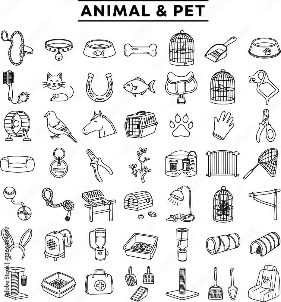 Naklejka premium Animal and Pet Supplies Line Art Icons Set - Hand-Drawn Collection of Domestic Animals, Care Equipment, Food, Toys, and Grooming Accessories