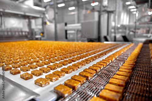Canvas Print Caramel and nougat candies moving along an industrial assembly line in a food fa