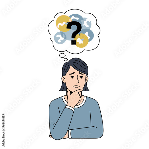 Confused Woman Thinking with Question Mark in Thought Bubble - Illustration