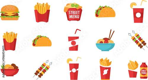 Street Food Icon Set Featuring Burger, Fries, Tacos, Noodles, Skewers, Fried Chicken and Soft Drinks Fast Food Vector Illustration Collection