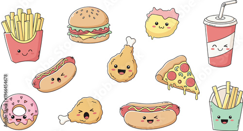 Cute fast food cartoon characters set smiling fries burger pizza hotdog donut soda fried chicken vector illustration collection