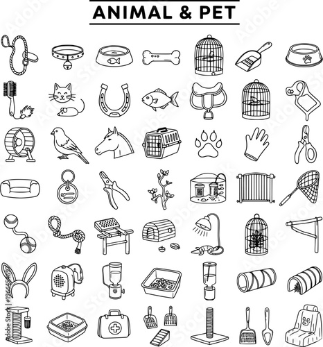Animal and Pet Supplies Line Art Icons Set - Hand-Drawn Collection of Domestic Animals, Care Equipment, Food, Toys, and Grooming Accessories