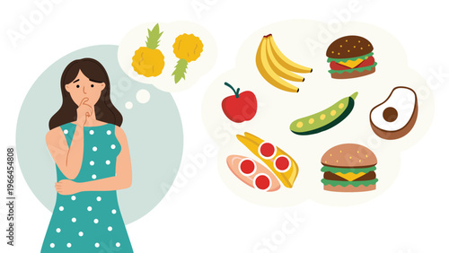 Dieting, healthy lifestyle, weight loss concept. Woman cartoon character standing choosing between healthy and unhealthy food Fast-food vs balanced menu vector illustration