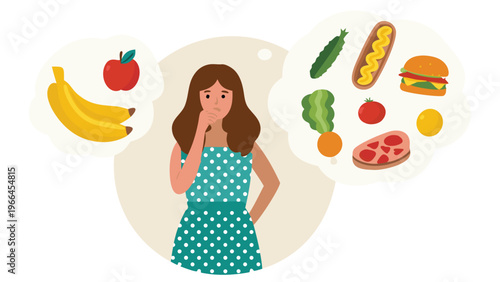Woman choosing between healthy and unhealthy food. Fast Food and balanced menu comparison, dieting. Choice between Good and bad nutritions

