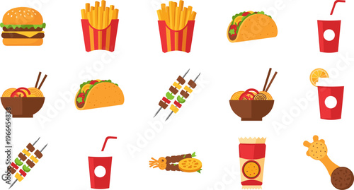 Street Food Icon Set Featuring Burger, Fries, Tacos, Noodles, Skewers, Fried Chicken and Soft Drinks Fast Food Vector Illustration Collection