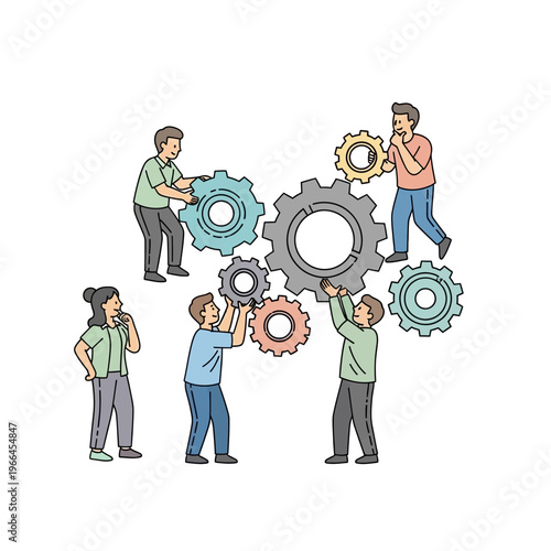 Teamwork Concept: People assembling gears, symbolizing collaboration and problem-solving