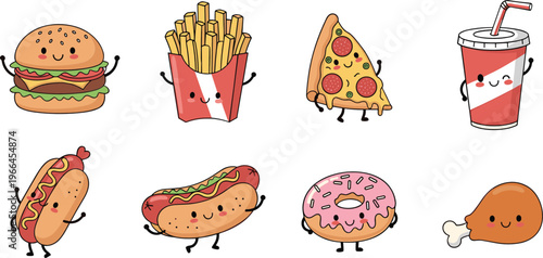Cute Fast Food Character Set with Burger, Fries, Pizza, Hot Dog, Donut and Drink, Adorable Cartoon Snack Collection for Kids Design Vector Illustration