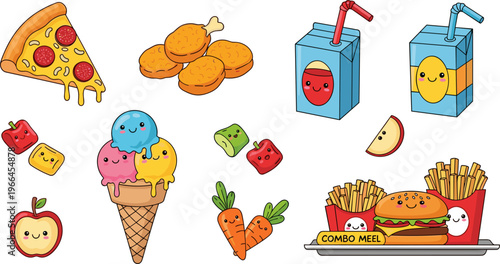 Fast Food and Snacks Collection Featuring Pizza Slice, Ice Cream, French Fries, Burger Meal, Juice Box and Fried Nuggets Vector Illustration Set