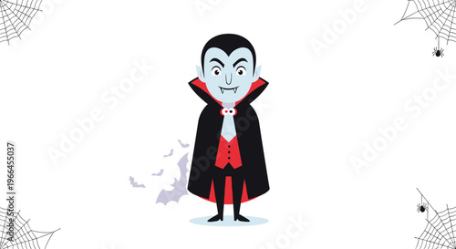 Spooky cartoon vampire standing with open cape surrounded by flying bats and spiderwebs in the corners for halloween celebration.