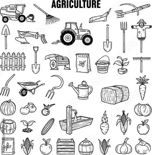 Agriculture Doodle Set: Hand-Drawn Farming Tools, Crops, and Farm Equipment Icons