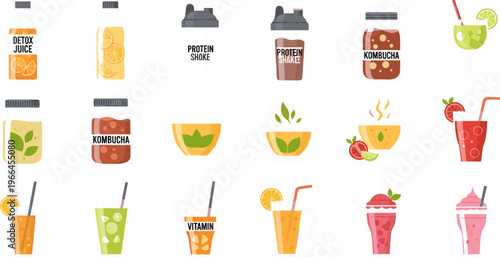 Traditional and Modern Beverage Collection Featuring Tea, Coffee, Bubble Milk Tea, Sugarcane Juice and Herbal Drinks Vector Illustration Set