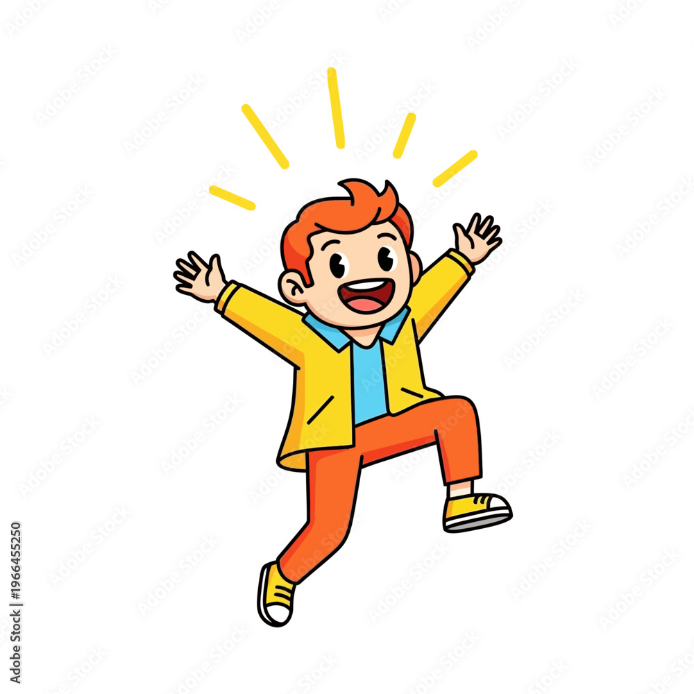 Fototapeta premium Excited cartoon boy jumping with joy, celebrating success, bright yellow jacket, orange pants, white background