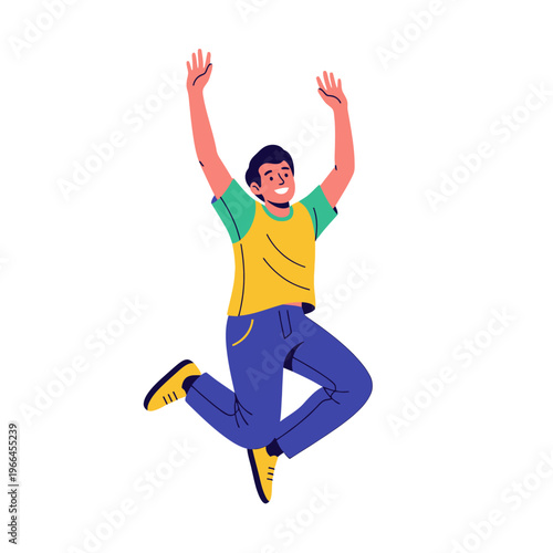 Excited Man Jumping with Arms Raised in Celebration