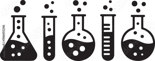 Black and white of laboratory equipment with bubbles beakers flasks test tubes