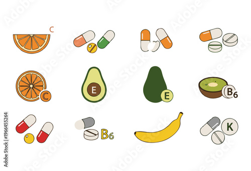Collection of colorful flat icons representing various healthy foods and vitamin supplements for a balanced diet and wellness