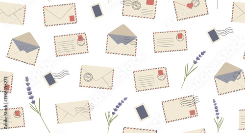 Charming pattern of vintage airmail envelopes and sprigs of lavender flowers on a white background for letter writing theme.