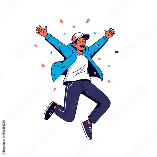 Excited young man jumping in the air with confetti, celebrating success