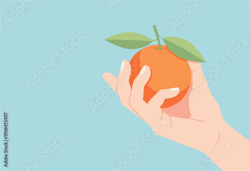 Stylized illustration featuring a hand gently holding a vibrant orange with lush green leaves, representing natural wellness, wholesome nutrition, and fresh, healthy choices