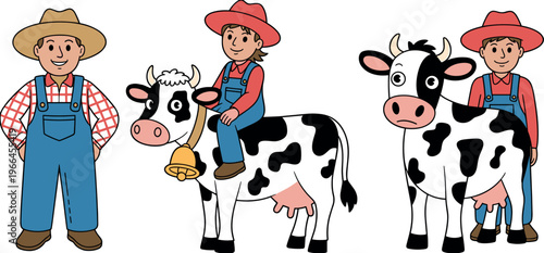 Cartoon farmer characters with dairy cows illustration, rural farming lifestyle scene with boy riding cow, livestock agriculture concept, friendly farm animals and countryside design