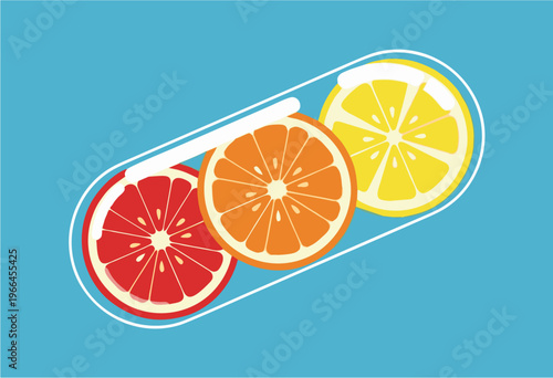 Fresh Citrus Fruit Slices Inside a Pill Capsule, Representing Vitamin C and Healthy Lifestyle